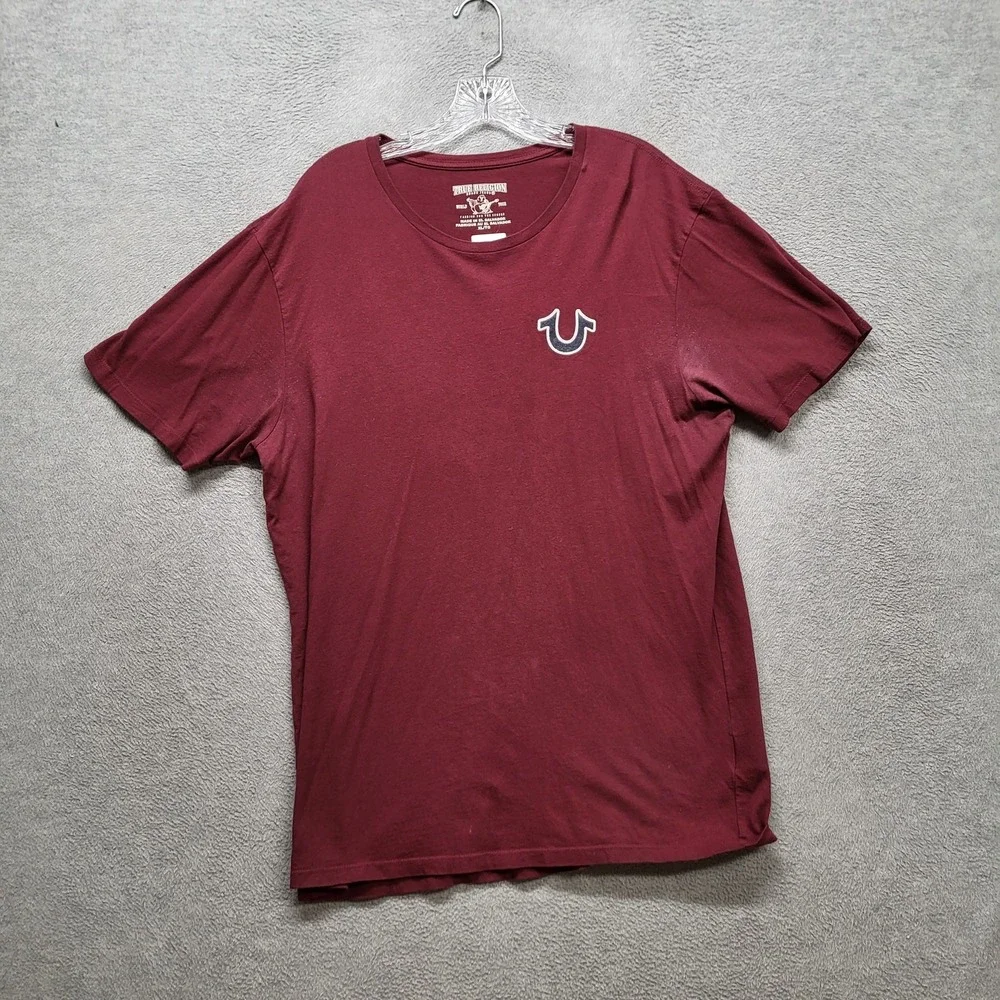 True Religion Men Shirt XL Burgundy Buddha Guitar Logo Graphic Print Short
